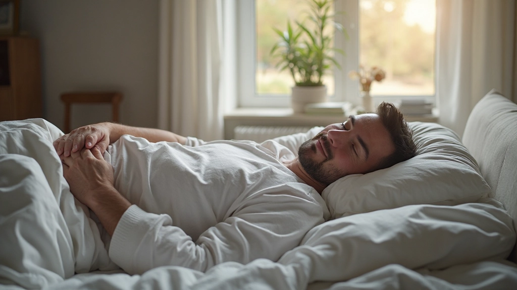 Man slaapt rustig in een comfortabel bed met zachte verlichting in de slaapkamer