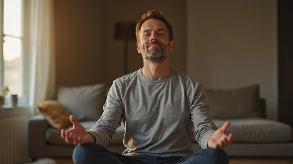 Man die rustig zit te mediteren in een comfortabele lounge setting met warm licht en rustgevende sfeer
