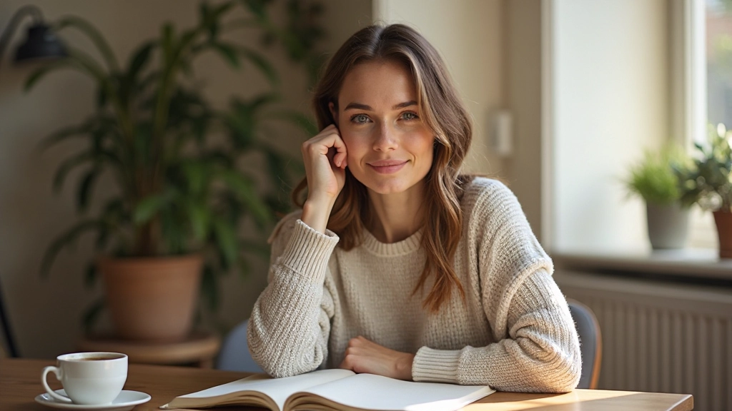 Vrouw aan houten bureau met dagboek, koffie en telefoon voor energietracking